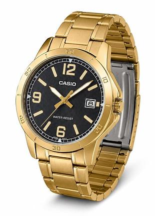 Мужские часы casio mtp-v004g-1b с золотистым браслетом и черным циферблатом