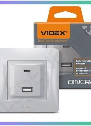 Розетка usb-a usb-c pd20w срібний шовк videx binera одноразова без заземлення для зарядки гаджетів sku_oledim_vf-bnchruc20-ss