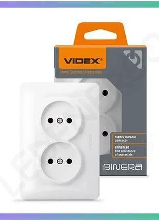 Подвійна розетка videx binera біла без заземлення 250v 16a для дому офісу та електроприладів sku_oledim_vf-bnsk2-w