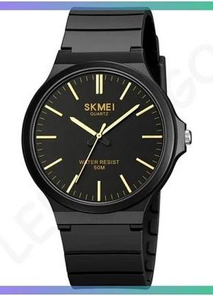 Часы skmei 2108 черные с золотым кварцевые водонепроницаемые для мужчин с каучуковым ремешком sku_aber_1080-2210