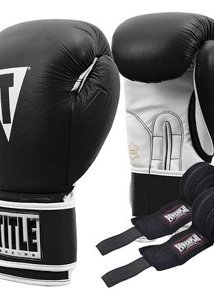 Боксерські рукавиці title boxing pro style leather gloves3.0 black/white 14 oz (бинти 4м. в комплекті)