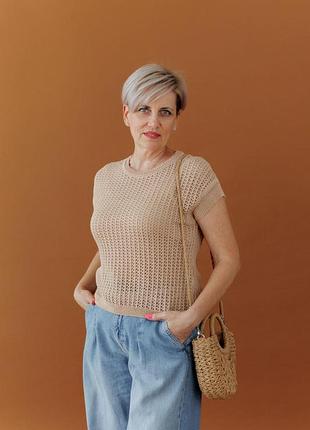 Женская вязаная футболка сетка бежевая art knit
