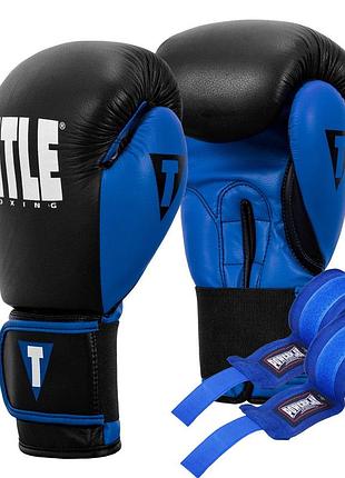 Боксерські рукавиці title boxing dynamic strike black/blue 14 oz (бинти 4м. у комплекті)