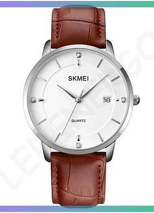 Часы skmei 1801lsibn мужские серебристые коричневые кожаные с календарем водонепроницаемость 30 м sku_aber_1080-1634