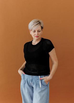 Жіноча в'язана футболка сітка чорна art knit