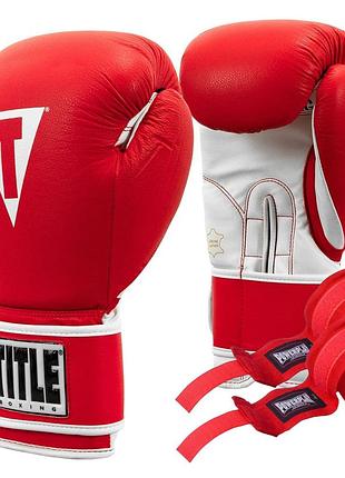 Боксерські рукавиці title boxing pro style leather gloves3.0 red/white 12 oz (бинти 4м. в комплекті)