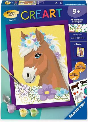Картина за номерами — ravensburger creart «кінь з квітами» 15 акрилових фарб, рамка, 9+