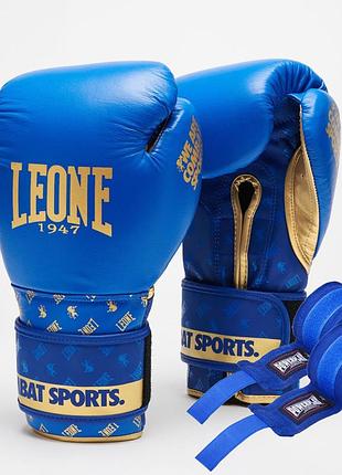 Боксерські рукавиці leone gn220 dna blue 16 унцій (бинти 4 м. в комплекті)