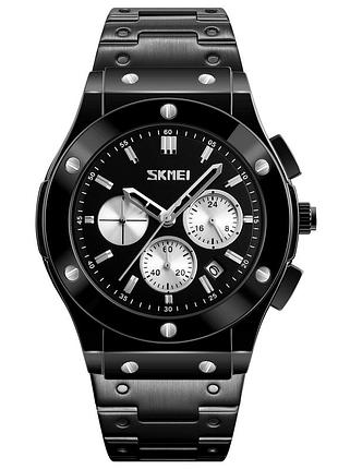 Мужские наручные часы skmei 9157sbksi black-silver-steel со стальным браслетом и календарем