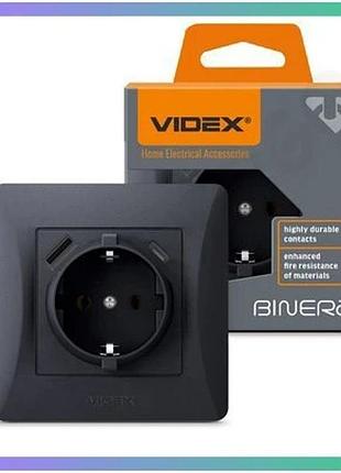 Розетка одинарная с заземлением usb usb-c videx binera черный графит для дома и офиса sku_oledim_vf-bnsk1guc-bg