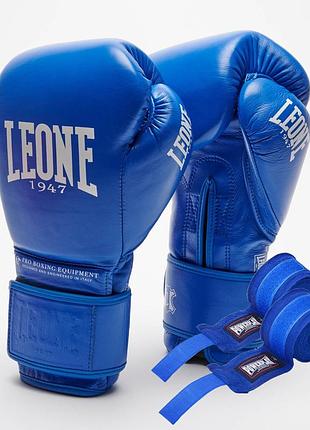 Боксерські рукавиці leone gn111 the greatest blue 10 унцій (бинти 4 м. в комплекті)