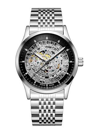Чоловічий механічний годинник skrox 7049 silver-black з автопідзаводом та сталевим браслетом