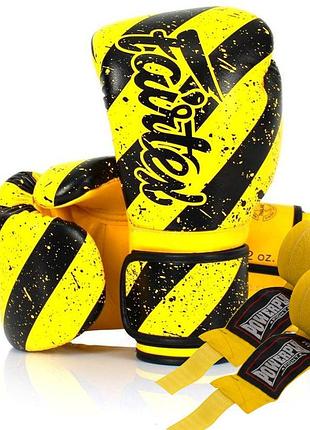 Боксерські рукавиці fairtex bgv14y yellow/black 10 унцій (бинти в комплекті)