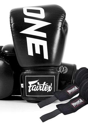 Боксерські рукавиці fairtex bgv1-one (натуральна шкіра) black 14 унцій (бинти в комплекті)