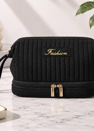 Велика містка велюрова косметичка-органайзер fashion з двома відділеннями, чорна (24х17х14.5 см)
