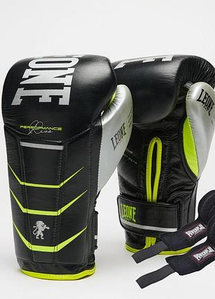 Боксерські рукавиці leone gn110f revo fluo black 14 унцій (бинти 4 м. в комплекті)
