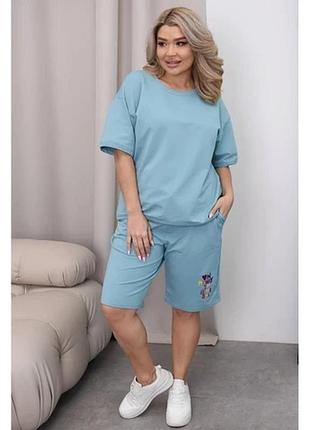 Супер стильний прогулянковий костюм двійка. футболка oversize з накатом+подовжені шорти.