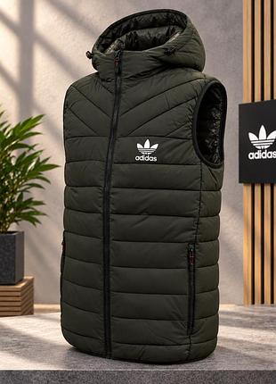 Чоловіча безрукавка на манжеті adidas з капюшоном, тепла стьобана жилетка темний хакі на манжеті 48