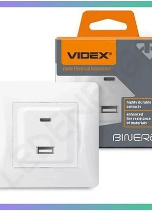 Розетка usb-a usb-c pd20w біла videx binera одноразова без заземлення для зарядки телефонів і гаджетів sku_oledim_vf-bnchruc20-w