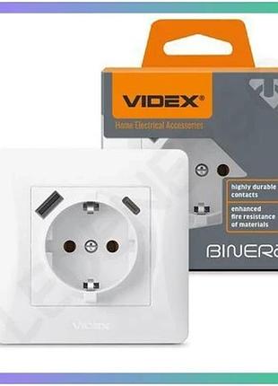 Розетка одинарная с заземлением usb usb-c белая videx binera для подключения устройств sku_oledim_vf-bnsk1guc-w
