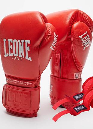 Боксерські рукавиці leone gn111 the greatest red 16 унцій (бинти 4 м. в комплекті)