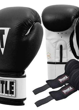 Боксерские перчатки title premier leather black/white xl 16 oz (бинты 4м. в комплекте)