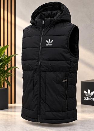 Мужская утепленная безрукавка adidas черная с капюшоном | мужская жилетка на молнии, прямая 48