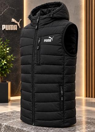 Чоловіча тепла безрукавка puma з капюшоном пряма півобладнання, чорна жилетка на змійці xl