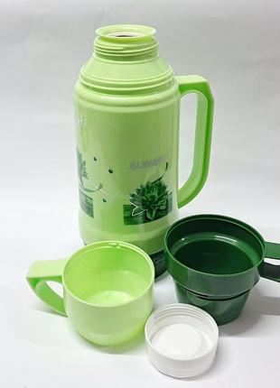 Вакуумный термос со стеклянной колбой always nature 1.0l зеленый с двумя чашками