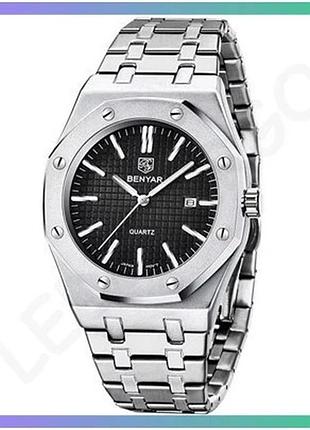 Мужские часы benyar by-5156 silver-black кварцевые с минеральным стеклом и нержавеющим браслетом sku_aber_1142-0038