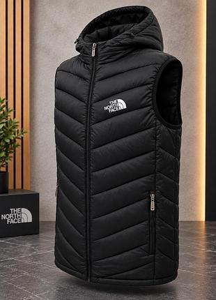 Мужская стеганая безрукавка the north face с капюшоном, черная, прямая