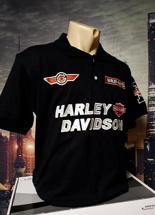 Оригінальна чоловіча футболка-поло harley-davidson у класичному чорному кольорі з вишитими фірмовими патчами та великим логотипом.