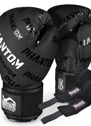 Боксерские перчатки phantom apex velcro black 12 унций (бинты 4м. в подарок)