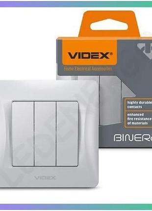Вимикач трьохклавішний срібний шовк videx binera для освітлення 250v 10a електричний вимикач sku_oledim_vf-bnsw3-ss