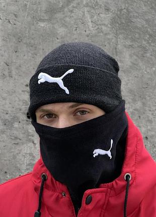Комплект мужской: шапка с добавлением шерсти puma темно-серый меланж + баф флисовый puma черный + перчатки флисовые черные