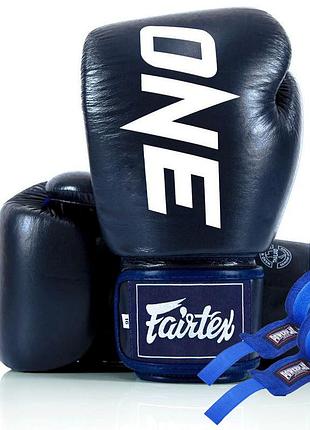 Боксерские перчатки fairtex bgv1-one (натуральная кожа) blue 10 унций (бинты в комплекте)