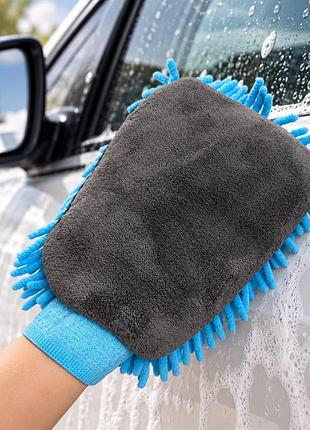 Двусторонняя перчатка для мойки автомобиля из микрофибры, голубая, 22 × 16 см