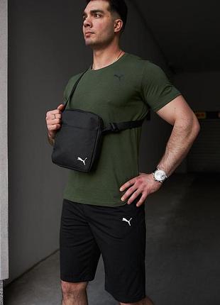 Комплект чоловічий puma: футболка хакі + шорти чорні + барсетка чорна