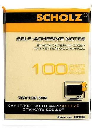 Бумага клеящаяся, 76х102мм, 100 листов, желтый, 8069 тм scholz