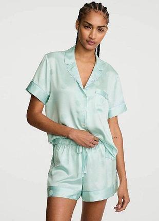 Сатинова піжама victoria’s secret шорти та сорочка з коротким рукавом зелений xs