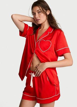 Сатиновая пижама victoria’s secret шорти та сорочка з коротким рукавом красный xs