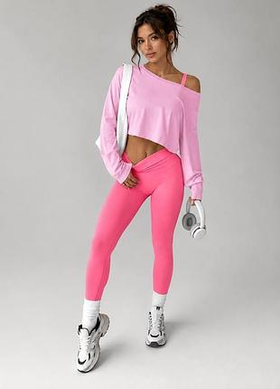 Спортивный костюм тройка, лосины+топ+укороченная кофта - розовый m