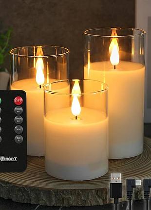 Набір led свічок у скляних колбах ledholyt 3 шт., акумуляторні, пульт, таймер, легке б/у