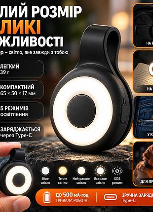 Міні ліхтар-брелок із магнітом, led підсвітка, акумулятор 500 маг, 5 режимів, type-c