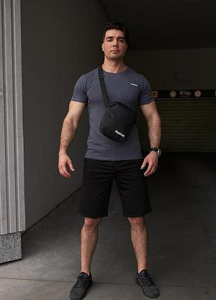 Комплект мужской reebok: футболка темно-серая + шорты черные + борсетка черная