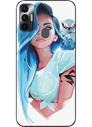 Силиконовый чехол для tecno spark 7 с картинкой девушка с совой