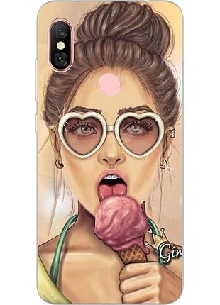 Силиконовый чехол для xiaomi redmi note 6 pro с картинкой девушка с мороженным