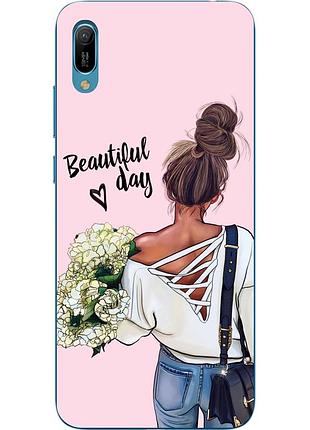 Чехол силиконовый для huawei y6 2019 с картинкой девушка с букетом