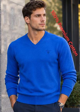 Шикарный мужской хлопковый свитер синего цвета gant premium cotton, 💯 оригинал
