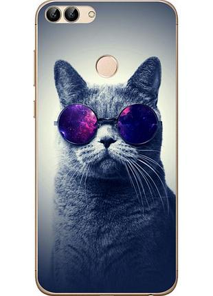 Чехол силиконовый для huawei p smart с картинкой кот в очках